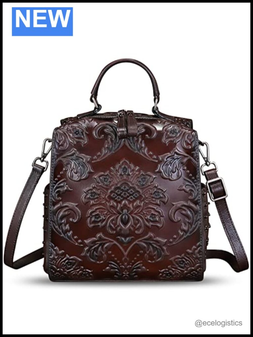 Genuine Leather Embossed Satchel Backpack Convertible Shoulder Bag 4-in-1